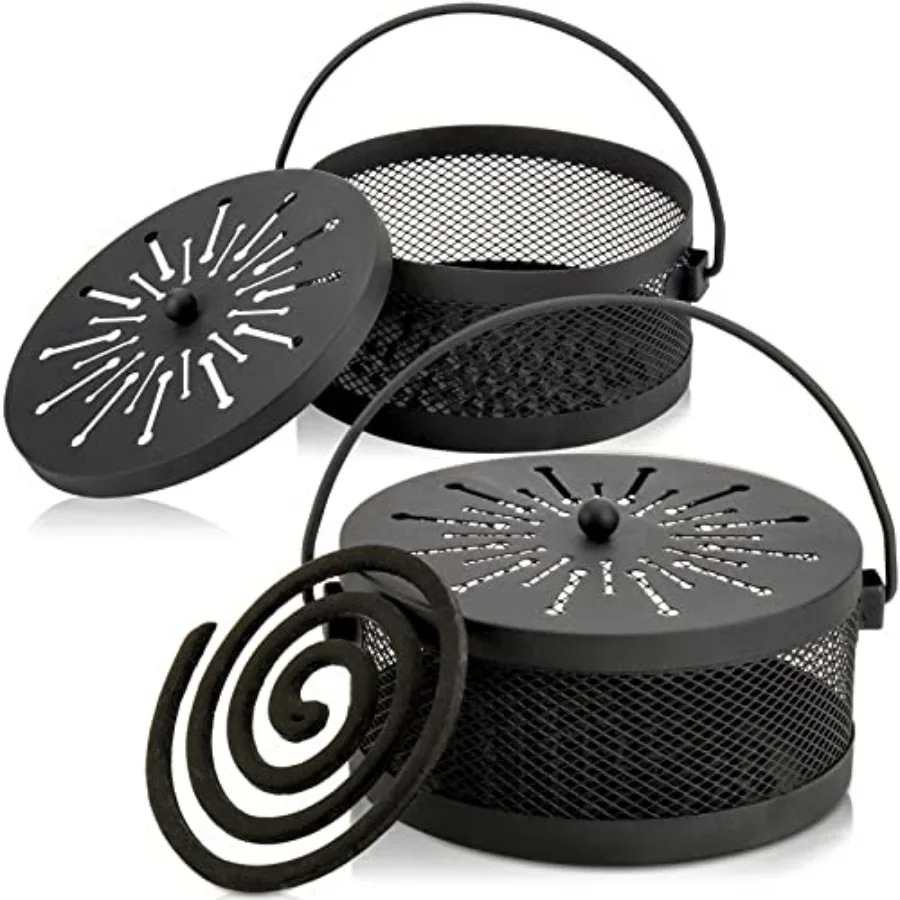 

2 Pack Mosquito Coil Holder with Lid and Handle, Portable Incense Coil Burner Metal Mosquito Incense Holder for Indoor and Outd