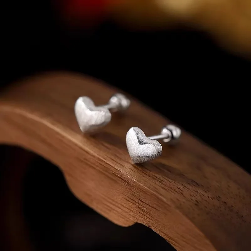 Real 925 Sterling Silver Frosted Heart Bead Screw Stud Earrings For Women Cute Fine Jewelry Light Luxury Accessories In Summer