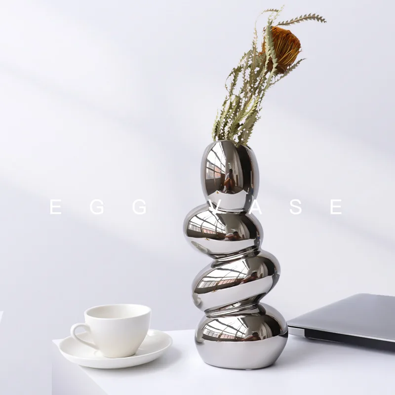 Home Decor Stacked Stone Shaped Vase, Silver Electroplated Mirror Surface Art Table Flower Vase for Living Room