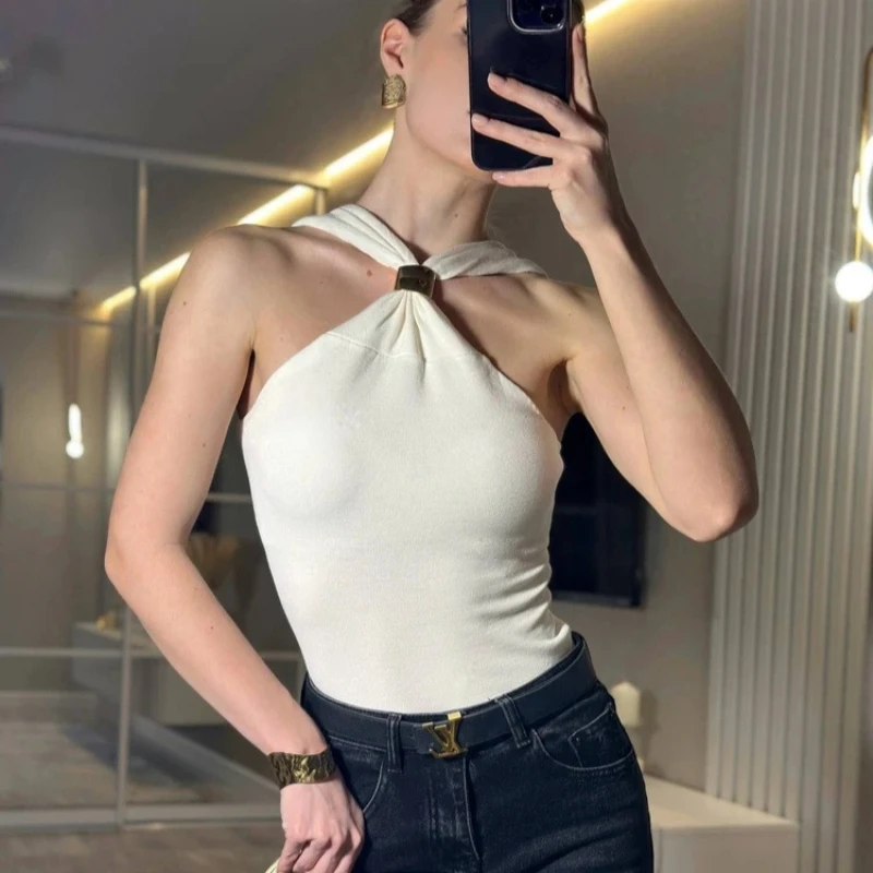 

Tsiisd Summer Sexy Knitting Women's Tank Top Necklace Backless Fashion Daily Streetwear Casual Party Tops Y2k Top Women Vest Top