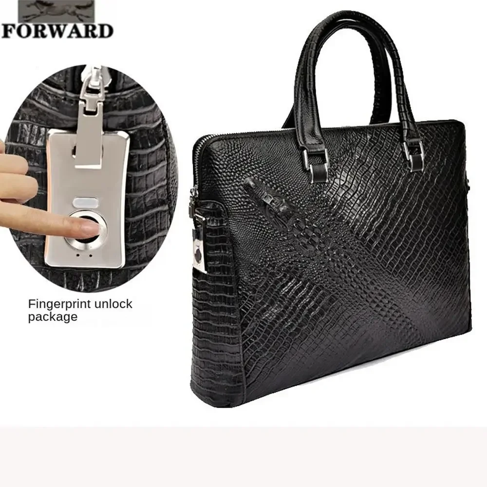 Bolsa masculina inteligente com desbloqueio por impressão digital, bolsa de couro em relevo de crocodilo, pasta de negócios de primeira camada,