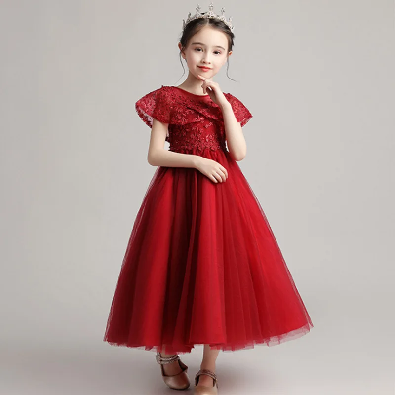 New Children's Wedding Dress Host Performance Birthday Girl Lace Medium Length Dress Princess Fluffy Skirt  Flower Girl Dress