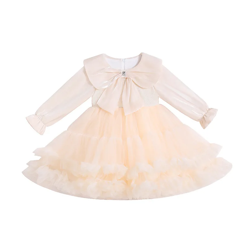 Spring Autumn 3-14 Years Old Midi Cake Girls Dresses Fashion Sweet Button Sequiins Bow Kids Princess Clothes for Children