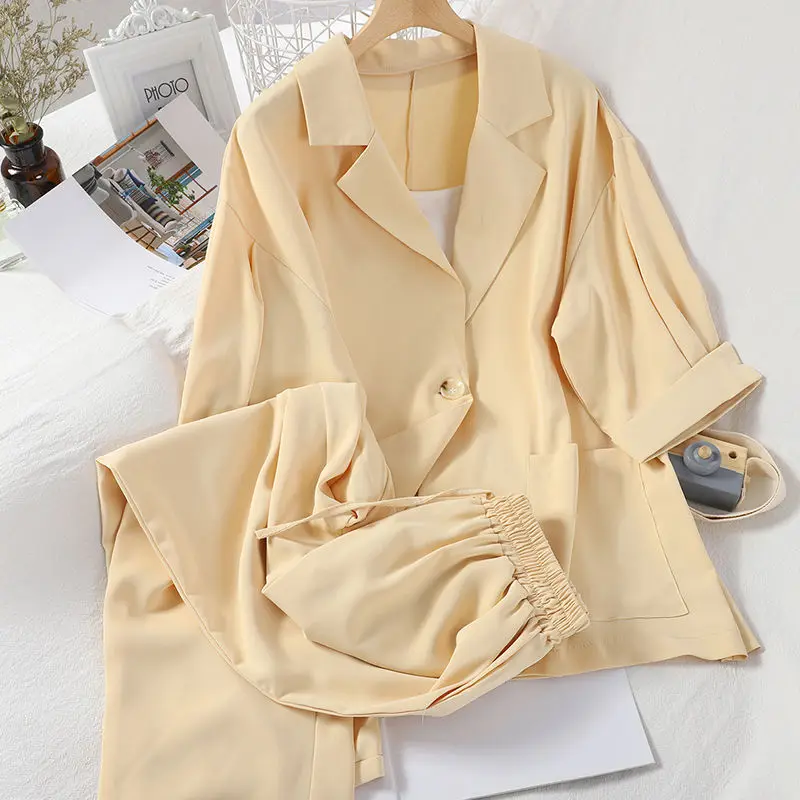 ฤดูร้อนใหม่บาง Jaket Sifon Blazer Lace-Up Casual กางเกง2ชิ้น Elegant ผู้หญิงกางเกงสูทชุดชุดกีฬา