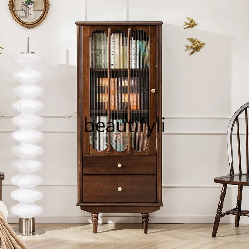 

American wine cabinet display cabinet all solid wood living room glass decorative locker against the wall