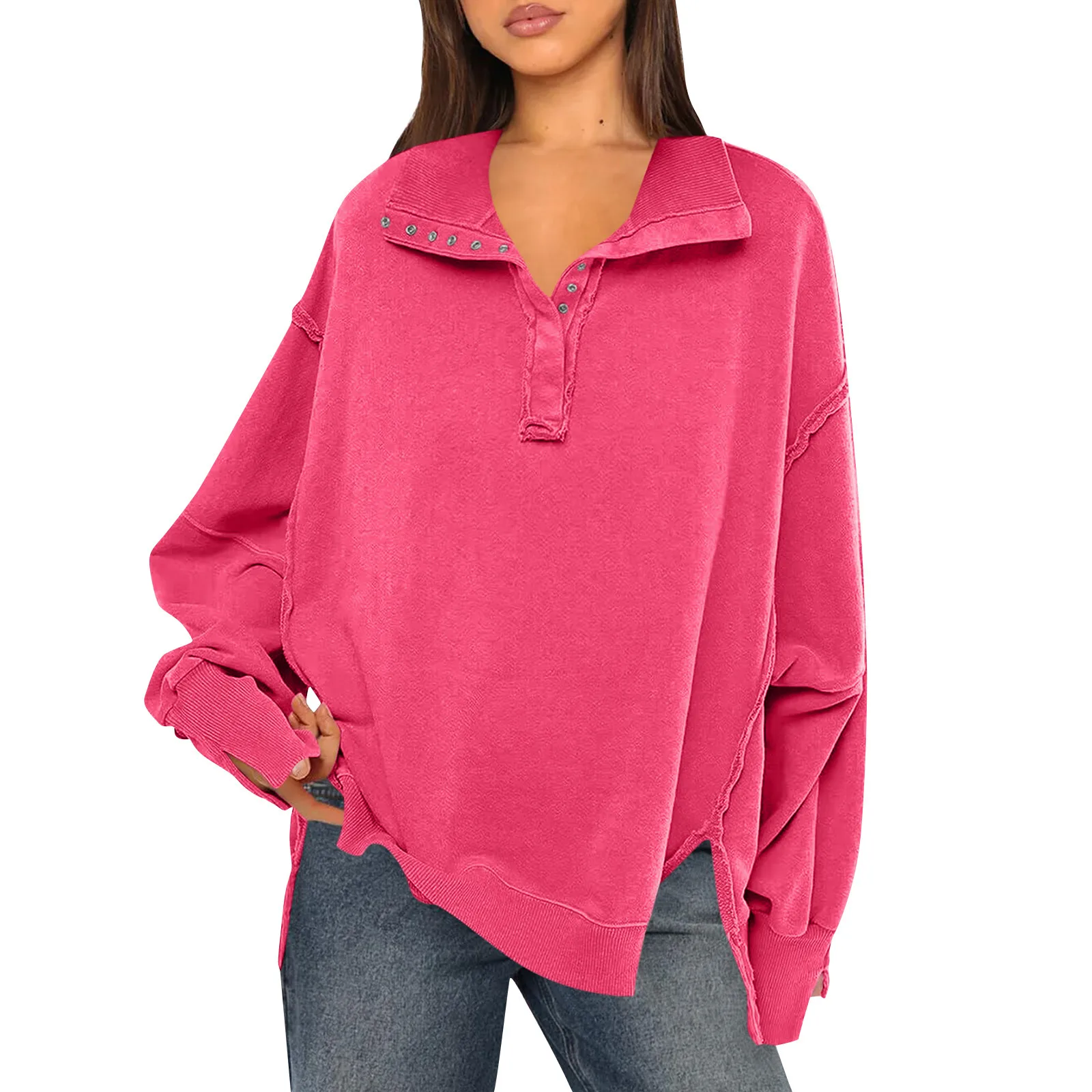 Women'S Oversized Sweatshirt Autumn New Comfortable Long Sleeve Button Neck Pullover Tops Trend All-Match Simple Sweatshirt