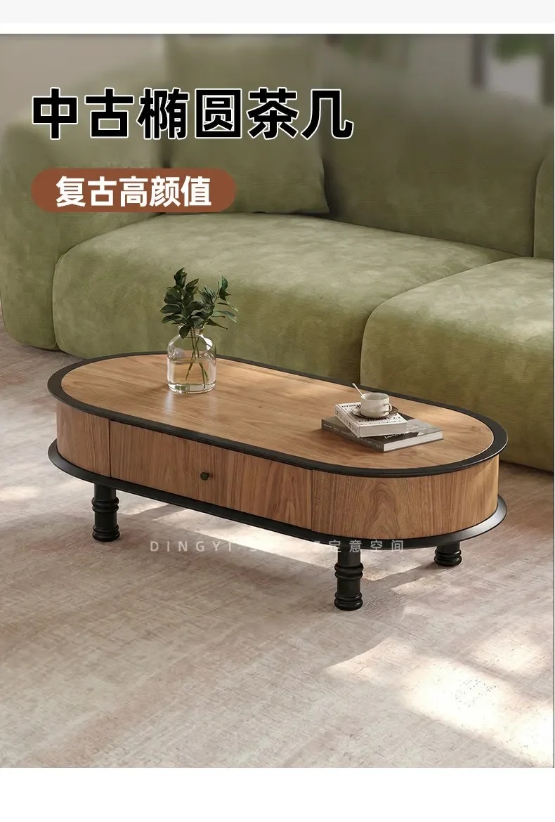 DSA retro style walnut color oval double drawer living room household small apartment coffee table