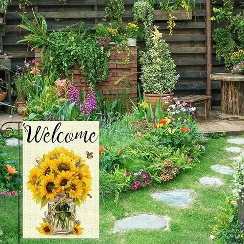 Welcome Sunflowers Bouquet Garden Flag 12 x 18 NEW Mason Jar Bee Butterfly Decor RRM IIX SSL