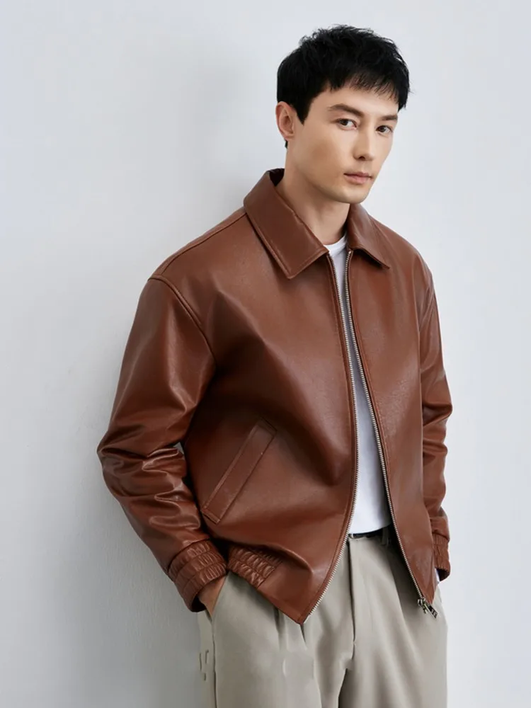 Casual Mens Loose Fit Turn Down Collar Zipper Cowhide Genuine Leather Jacket Motorcycle Short Coat Designer Street Cargo Jacket