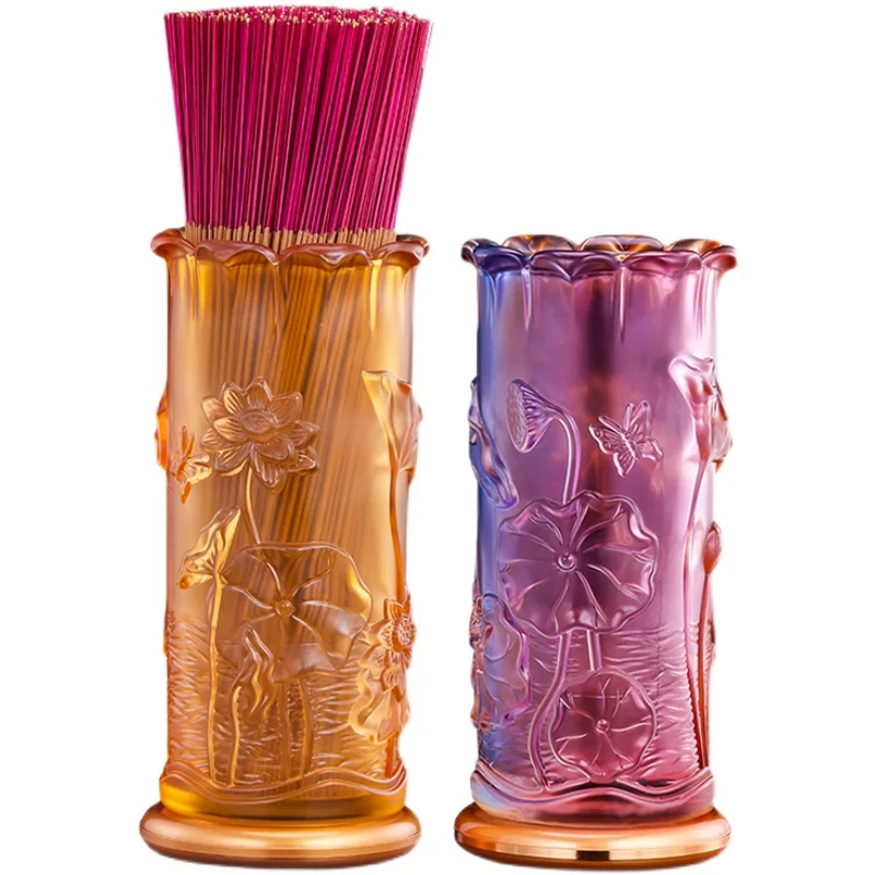 Household Buddha Worship Glass Lotus Incense Tube Joss Stick Barrel Colorful Temple Lotus Vase Buddha Front Buddha