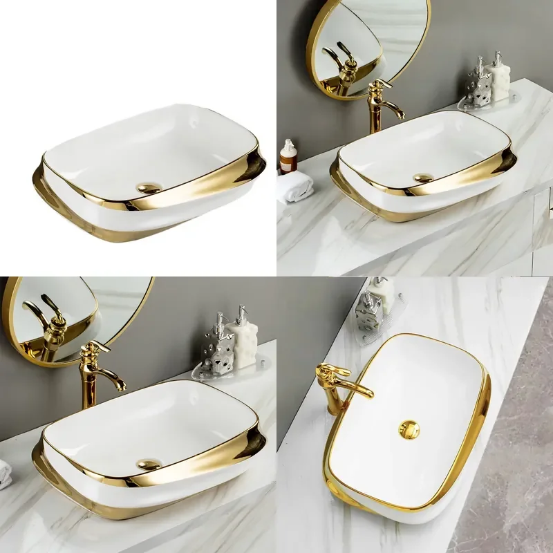 Gold Electroplated Ceramic Vessel Sink Luxury Round Bathroom Wash Basin Countertop Vanity Lavatory for Modern Home Decor