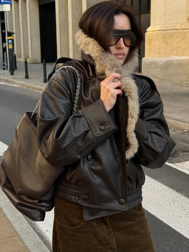 HH Giacca da donna in pelle con collo in pelliccia sintetica vintage Colletto staccabile invernale Cappotto bomber doppio petto Capispalla femminile da strada