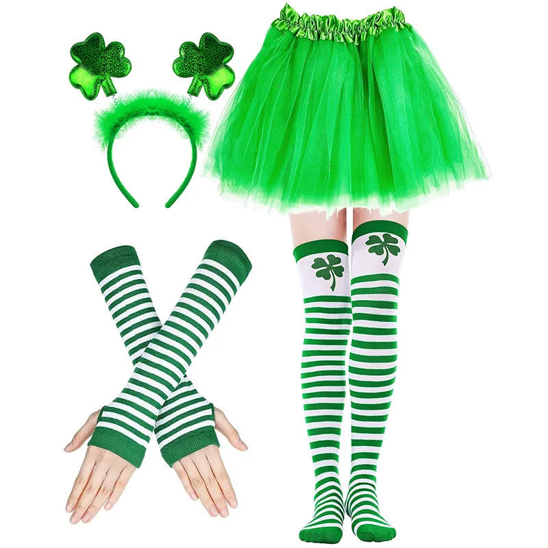 

Green Fluffy Skirt for Women Sexy Dress Socks Sleeves Hairbands Clover Cosplay Fairy Costume Irish Festival Saint Patrick'S Day