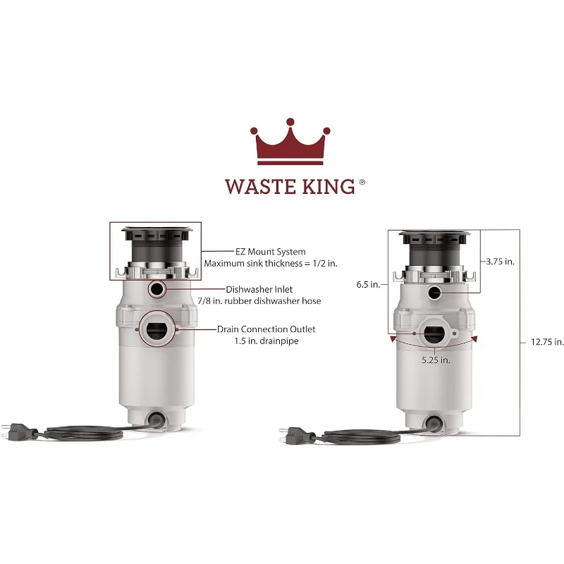 Smaltimento rifiuti King 1/3 HP con cavo di alimentazione, dissipatore compatto di rifiuti alimentari per lavello da cucina, L-111