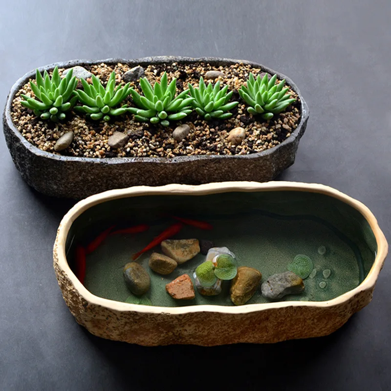 Ancient Style Ceramic Aquarium,Multi-functional Ecological Pond for Fish,Turtle, Succulent & Hydroponic Plants,Small Decorative