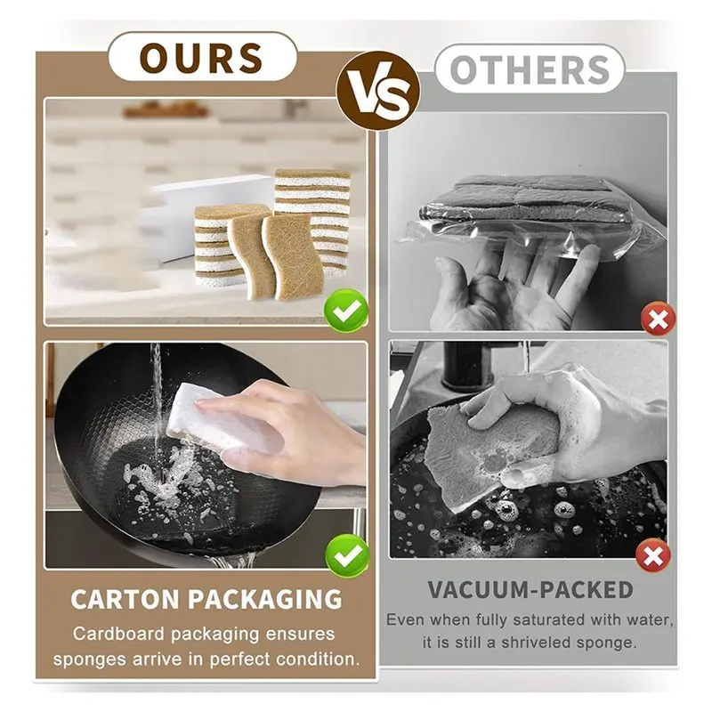 New 45 Pack Biodegradable Natural Kitchen Sponge - Compostable Cellulose And Coconut Walnut Scrubber Sponge
