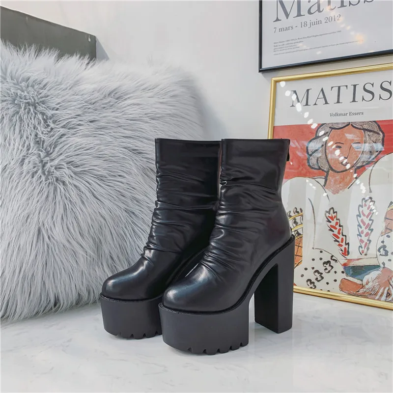 New Autumn Winter Platform Boots High Heels Back Zipper Black White Short Boots For Women Waterproof Gothic Shoes