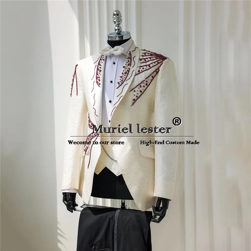 Formal Party Ivory Suits Men Diamond Jewelry Jacket Vest Pants 3 Piece Groom Wedding Tuxedo Bespoke Terno Masculinos Completo