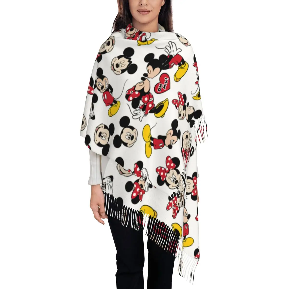 

Custom Mickey Minnie Tassel Scarf Women Soft Shawls Wraps Lady Winter Scarves