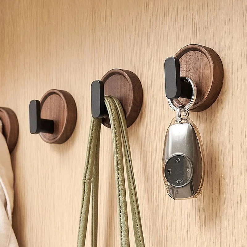 Self-adhesive Solid Wooden Hook Walnut Key Decorative Towel Holder Hook Door Hanger Wall Coat Rack Kitchen Bathroom Organizer