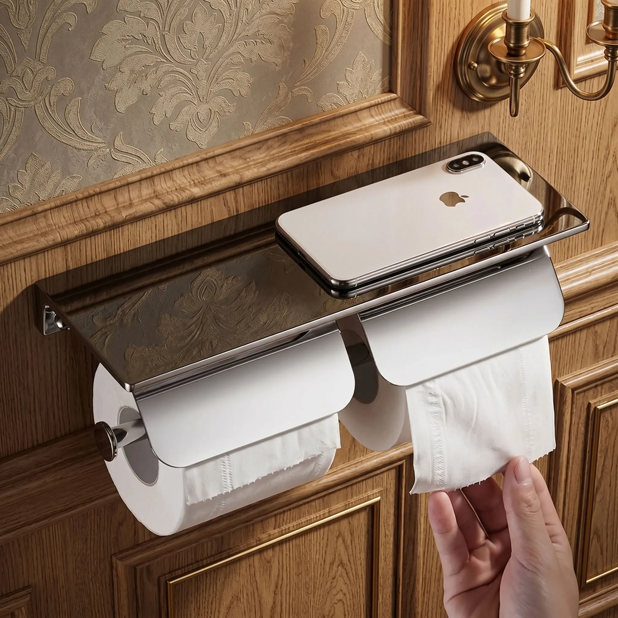 

Toilet Paper Holder Wall Mounted Brass Paper Roll Holder and Phone Holder Storage Shelf Bathroom Hardware Accessories