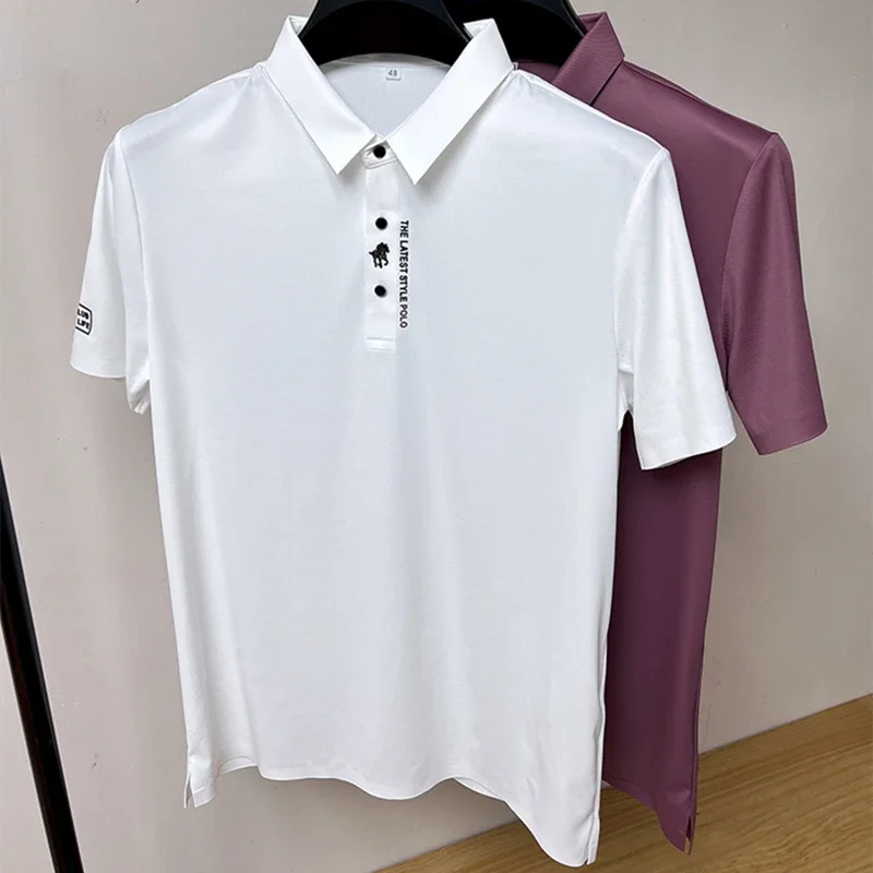 Luxury brand embroidered short sleeve T-shirt men\'s lapel 2024 new summer ice silk seamless breathable golf casual POLO shirt