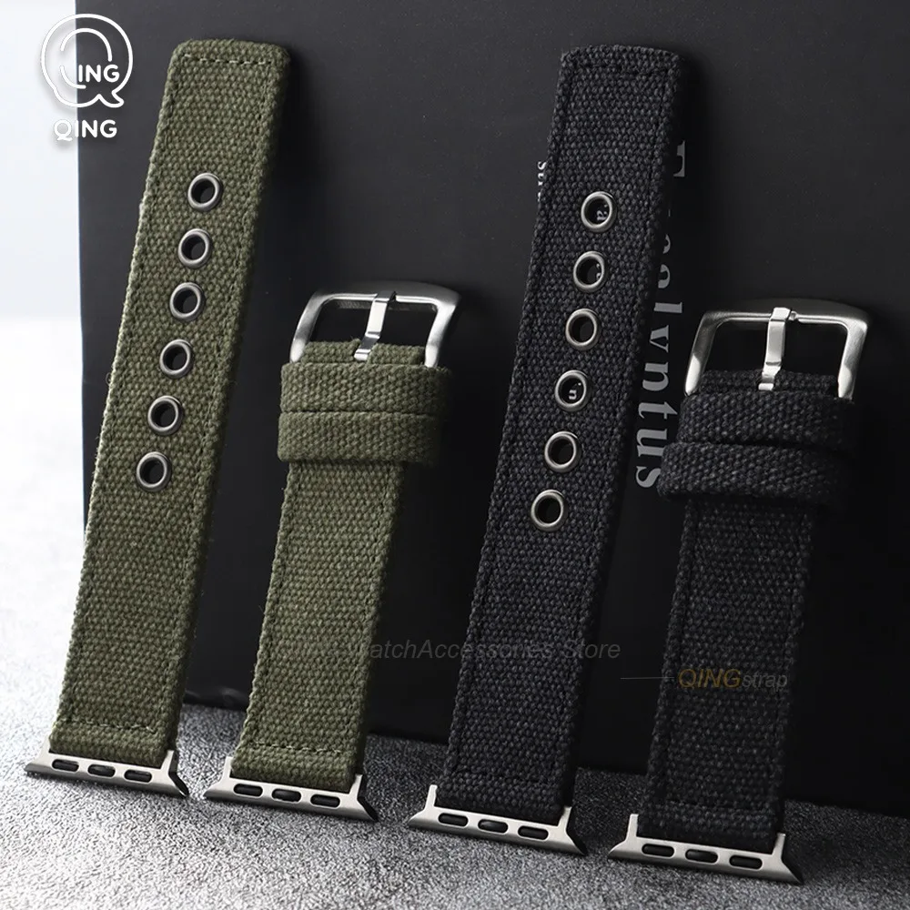 Double-layer Canvas Nylon Strap Men's Black Green Watchband for IWatch Series 1-11 for Apple Watch 46mm 45mm 42mm 41mm 40mm 38mm