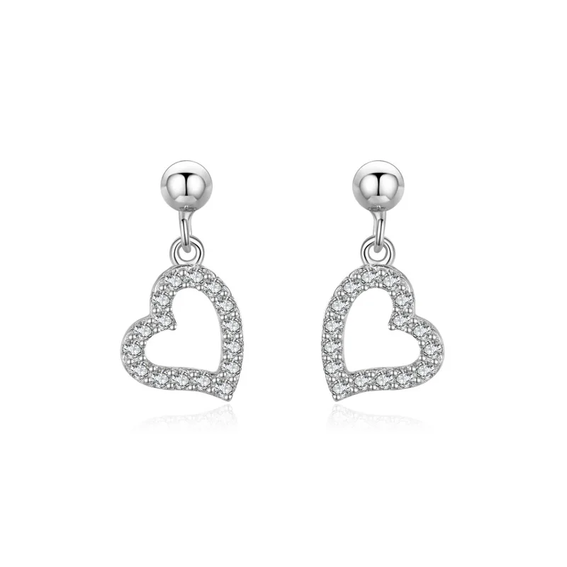 S925 Sterling Silver Sparkling Diamond Heart-shaped Hollow Earrings for Women's Daily Cross-border Minimalist Design, Sweet