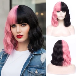 MSIWIGS Short Two Tone Black Pink Red Purple Color Wig Cosplay Bobo Synthetic Ombre Wavy for White Woman Cos