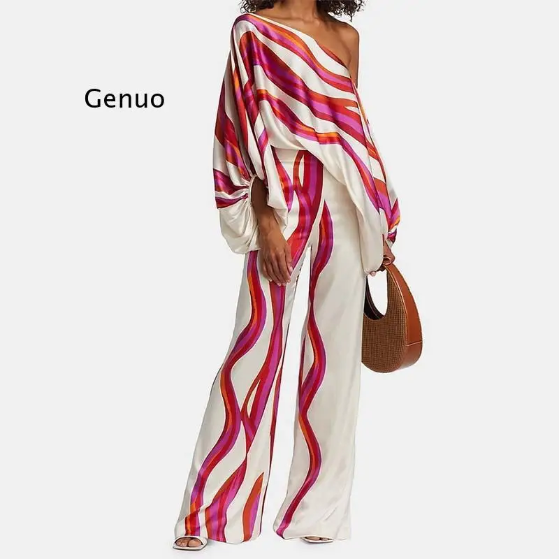 

Spring New Womens 2 Piece Set Printed Off Shoulder Batwing Sleeve High Waist Wide Leg Pants Casual Vacation Outfit for Ladies