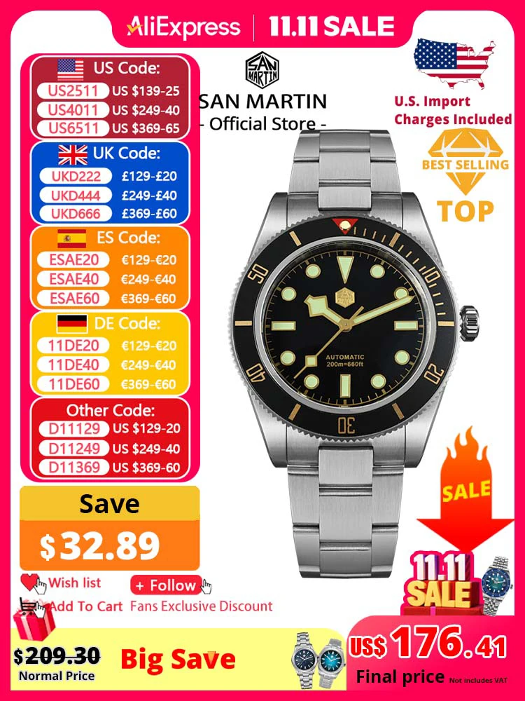 

San Martin New 40mm BB58 Retro Luxury Diver Watch NH35 Automatic Mechanical Watches For Men Sapphire Luminous 20Bar Reloj SN0008