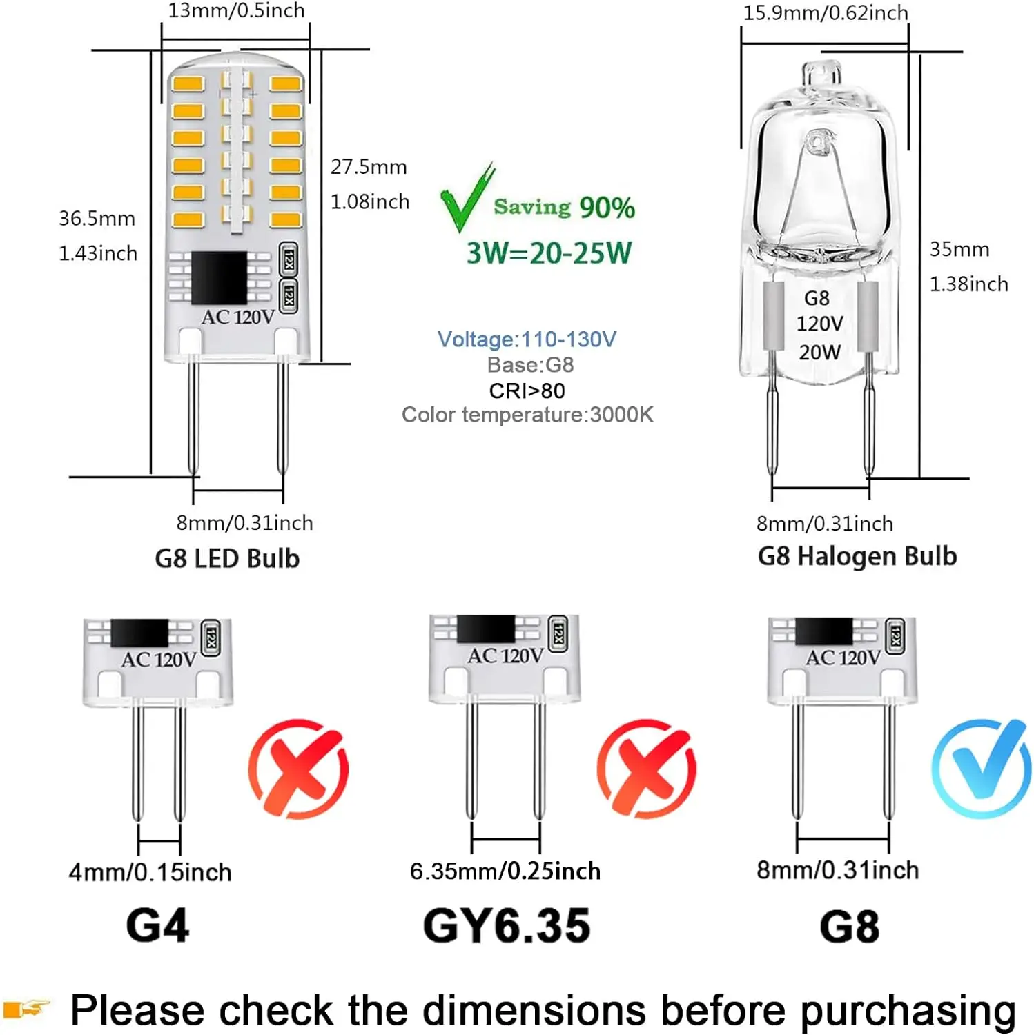 G8 LED Bulb Dimmable, T4 JCD Type Bi-Pin G8 Base,AC 120V G8 Bulb Warm White 3000K for Under Cabinet Light (10 Pack)