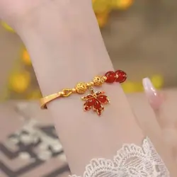 Fashion New Imitation Gold Maple Rabbit Red Agate Niche Bracelet Trendy Elastic Force Handstring For Girlfriend