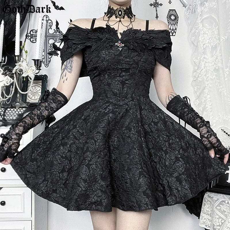 

Goth Dark Off Shoulder A-line Textured Mini Dress Women Mall Gothic Outfits Embellished Jacquard Dresses Ball Gown Halloween