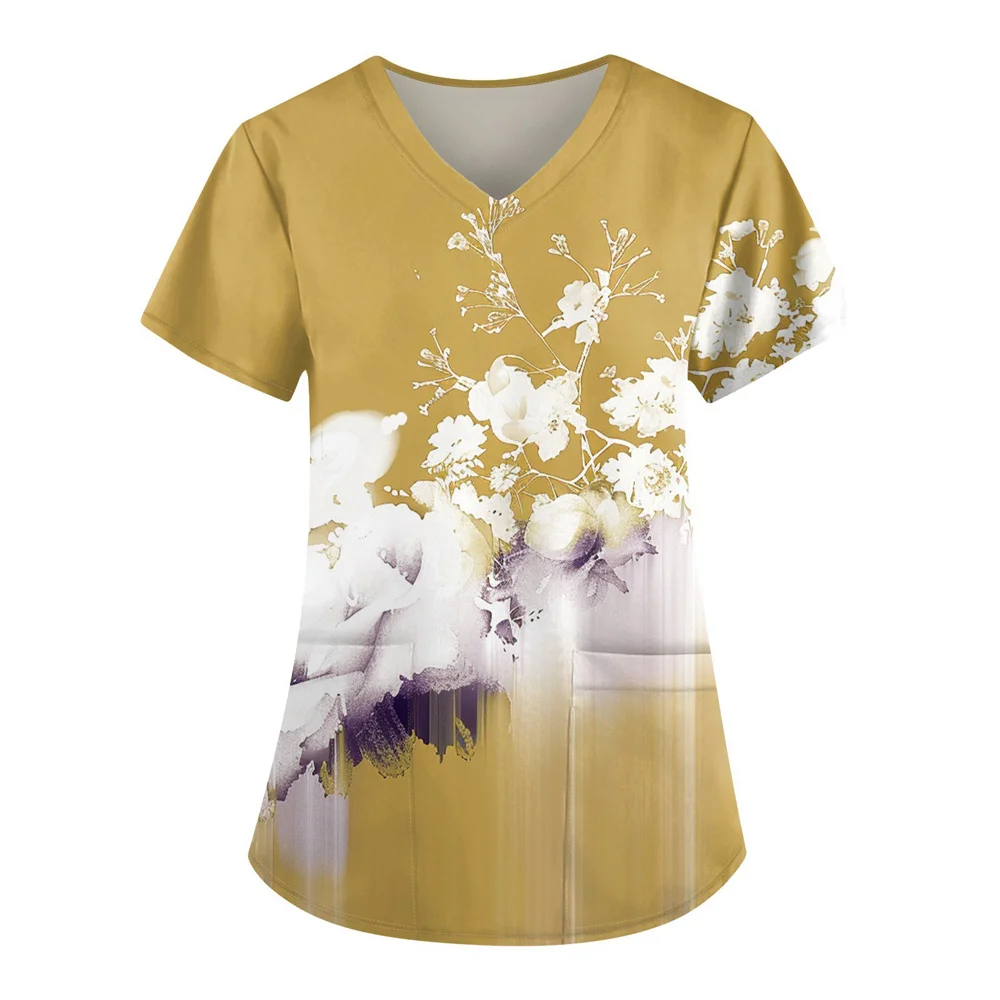 Womens Floral Print Uniforms V Neck Summer Casual Scrubs Short Sleeve Medical Workwear Nursing Scrub Tops with Pockets 3XL ﻿