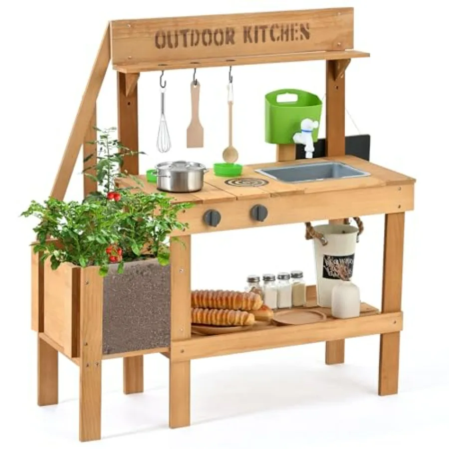 Outdoor Wood Play Kitchen for with Planter Box Toddler Sink Faucet Blackboard Water Cup and Accessories in Black