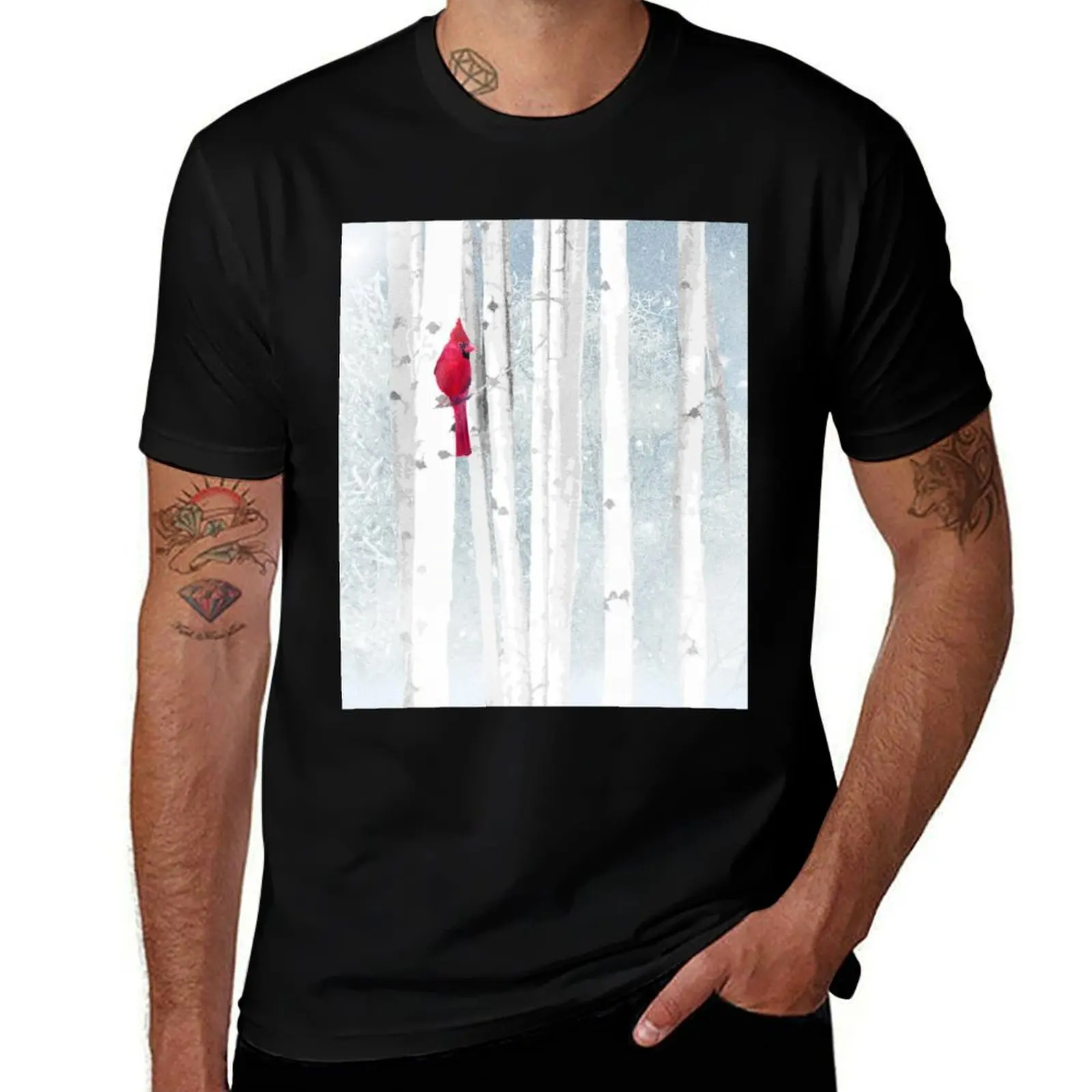 Watercolor Red Cardinal Bird Winter Birch Forest T-Shirt Everyday Wear Basic Short Sleeve Top T-Shirt