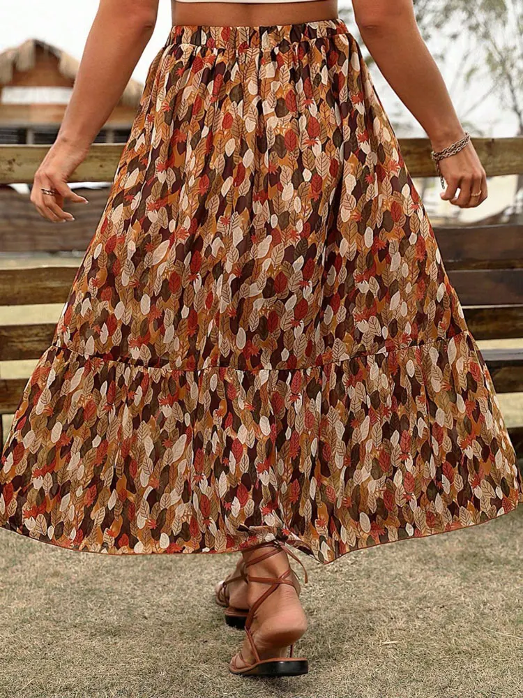 Polyester Long Skirt for Women, Plus Size, Elegant and Pretty Cheap, Casual, Leaf Pattern, Clothing, Free Shipping, Summer, 2024