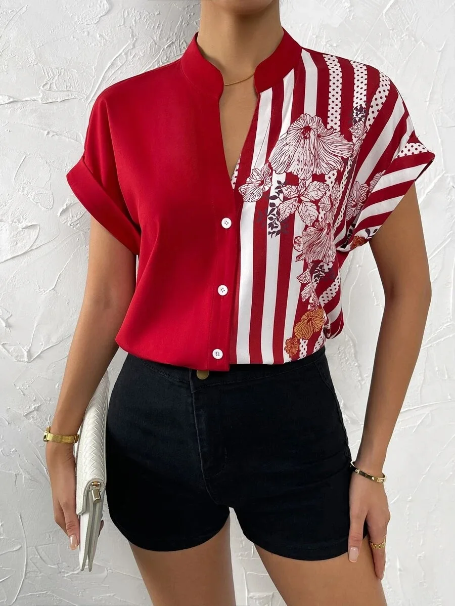 Women's New Summer Double-contrast Flower Button Cardigan Short-sleeved Shirt 2024 Red Casual V-neck Fashion Shirts For Women