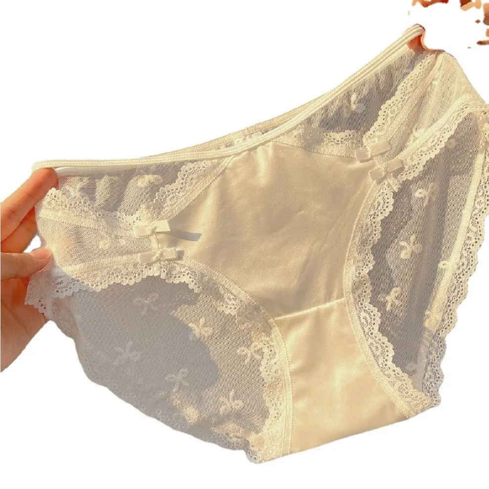 Pure Desire French Satin Lace Mesh Breathable Girly Style Briefs Sexy Cutout Ice Silk Low Waist Summer Underwear For Women