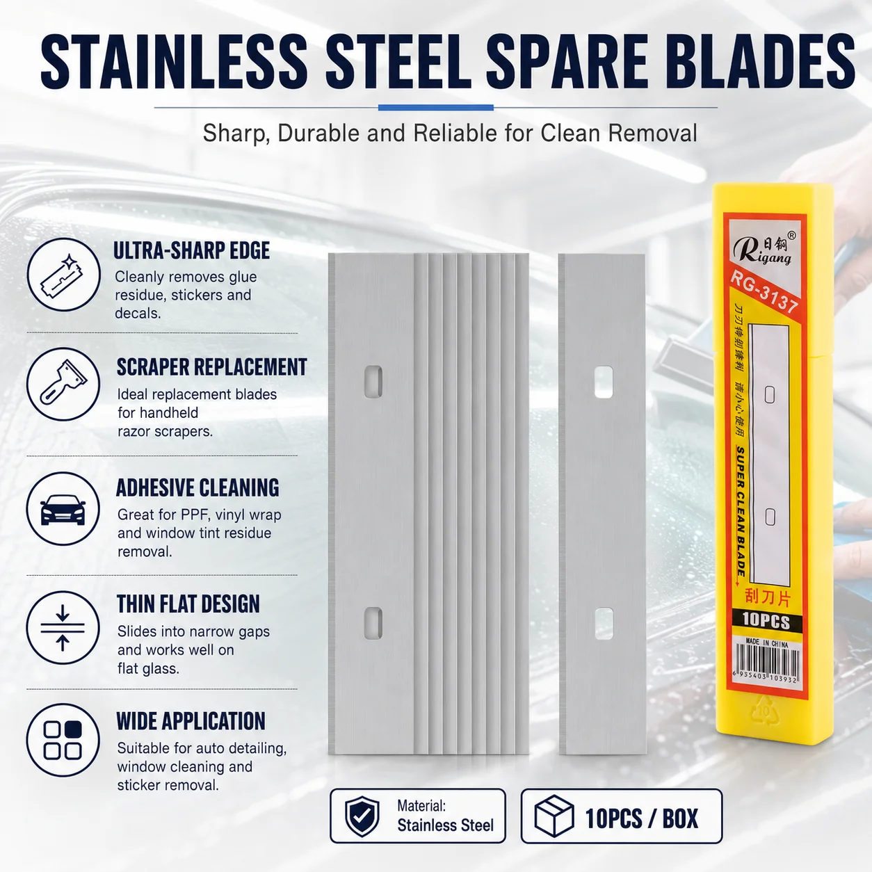 10PCS Single Edge Stainless Steel Razor Blades Replacement for Glass Scraper Window Tint Glue Adhesive Residue Removal Tool