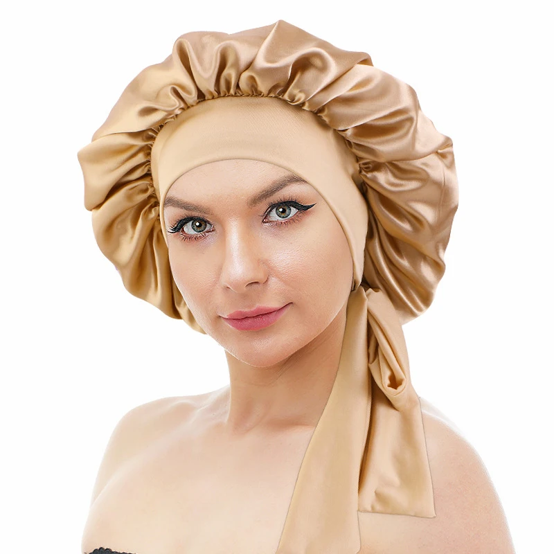 New Large Satin Bonnet Silk Night Sleeping Cap Long Satin Bonnet With Head Tie Band Bonnet Edge Wrap For Women Curly Braid Hair