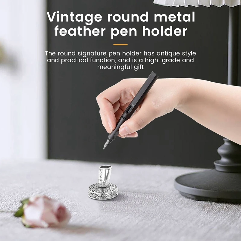 2 Pieces Vintage Round Metal Feather Pen Holder Insertion Pen Holder Feather Quill Pen Stand Desktop Dip Pens Base