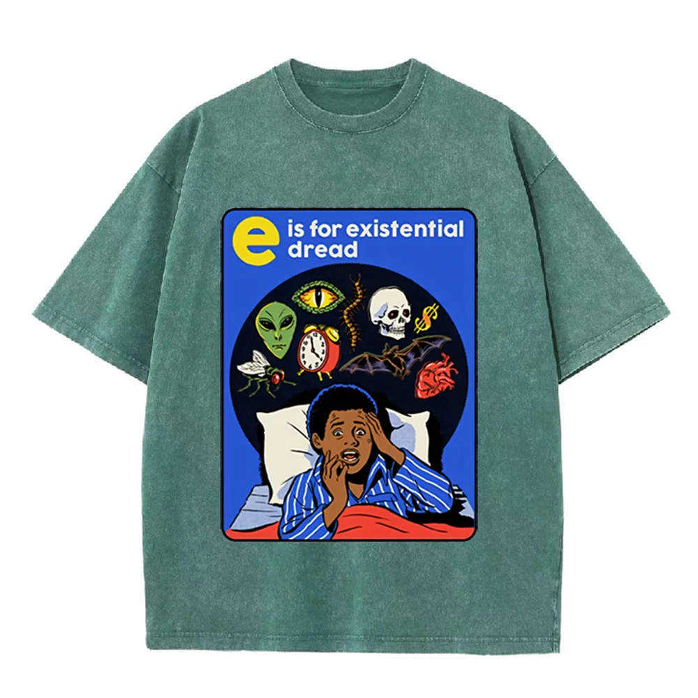2026 Vintage Washed Black E Is For Existential Dread Retro Cartoon Graphic T Shirt Alien Skull Nightmare Oversized Streetwear Sh