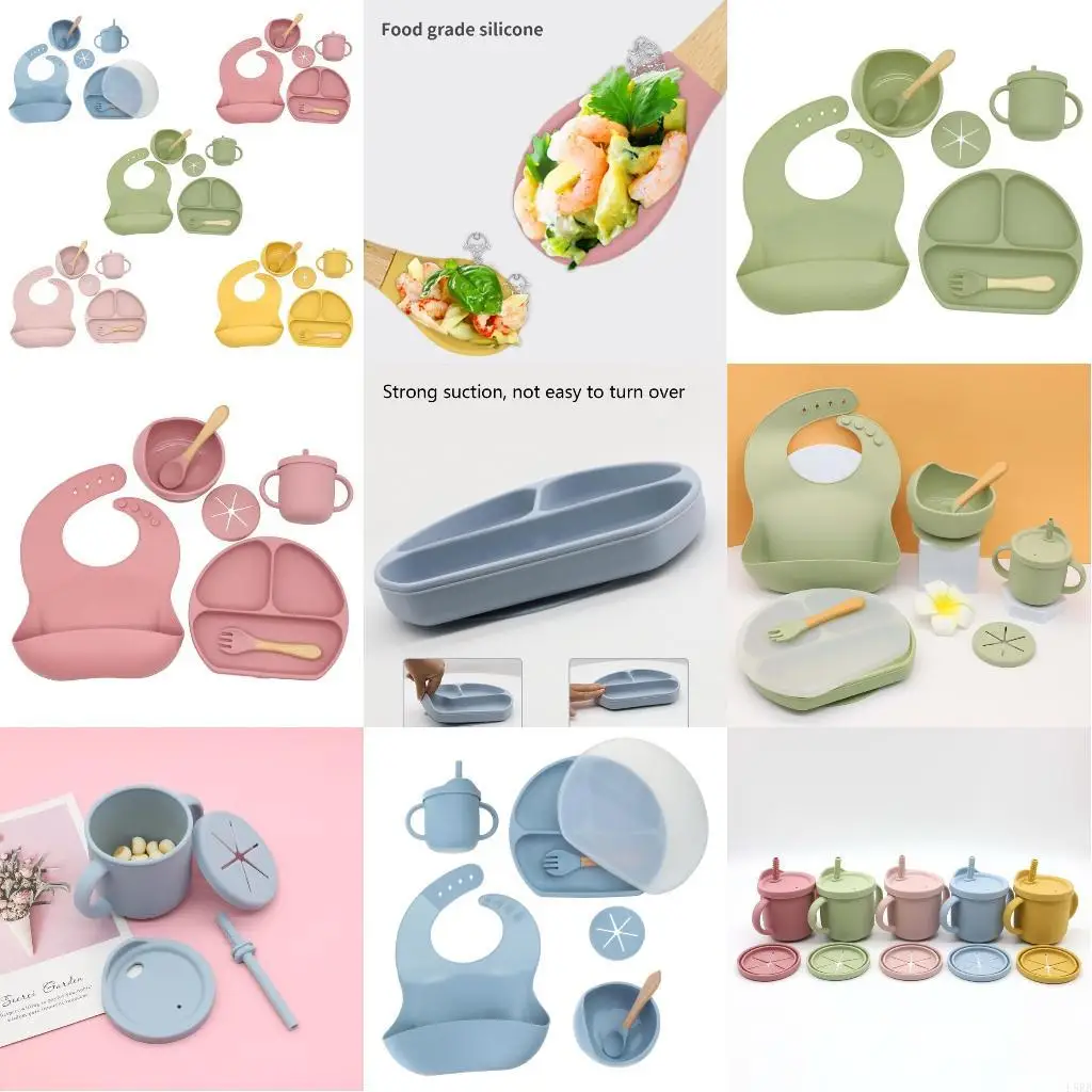 

Baby Silicone Bib Divided Dinner Plate Suction Bowl Spoon Fork Water Cup Dish L8RB