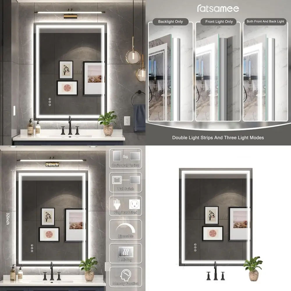 مرآة حمام مضيئة بإضاءة LED مقاس 24 × 32 بوصة مع إضاءة أمامية وخلفية، قابلة للتعتيم، مضادة للضباب، مرآة زينة مقاومة للماء #1