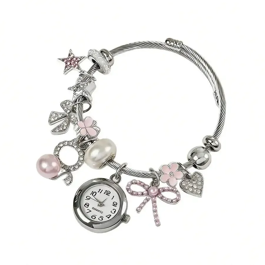 

Pink White Rhinestone Charm Watch Bracelet For Women Fashion Cuff Style