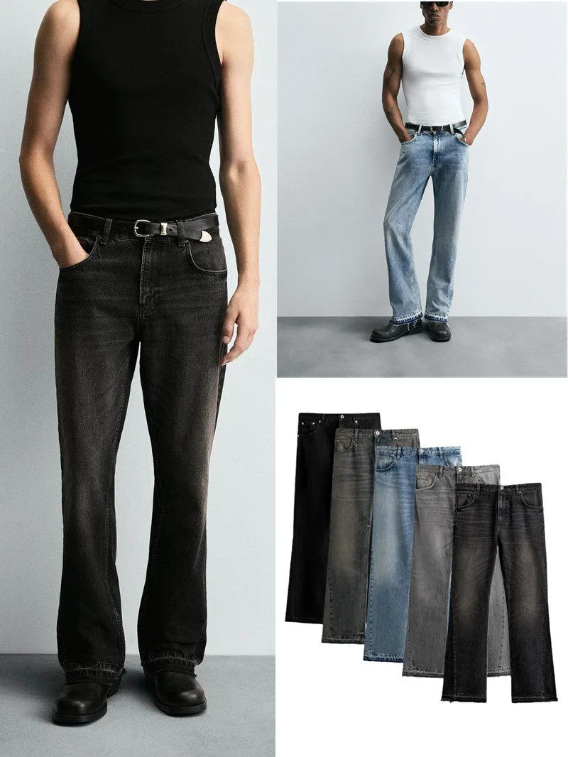 

Модные мужские джинсы-клеш с завышенной талией, облегающие, с эффектом потертости, с декоративными карманами, прямые, на молнии, однотонные, для весны и осени