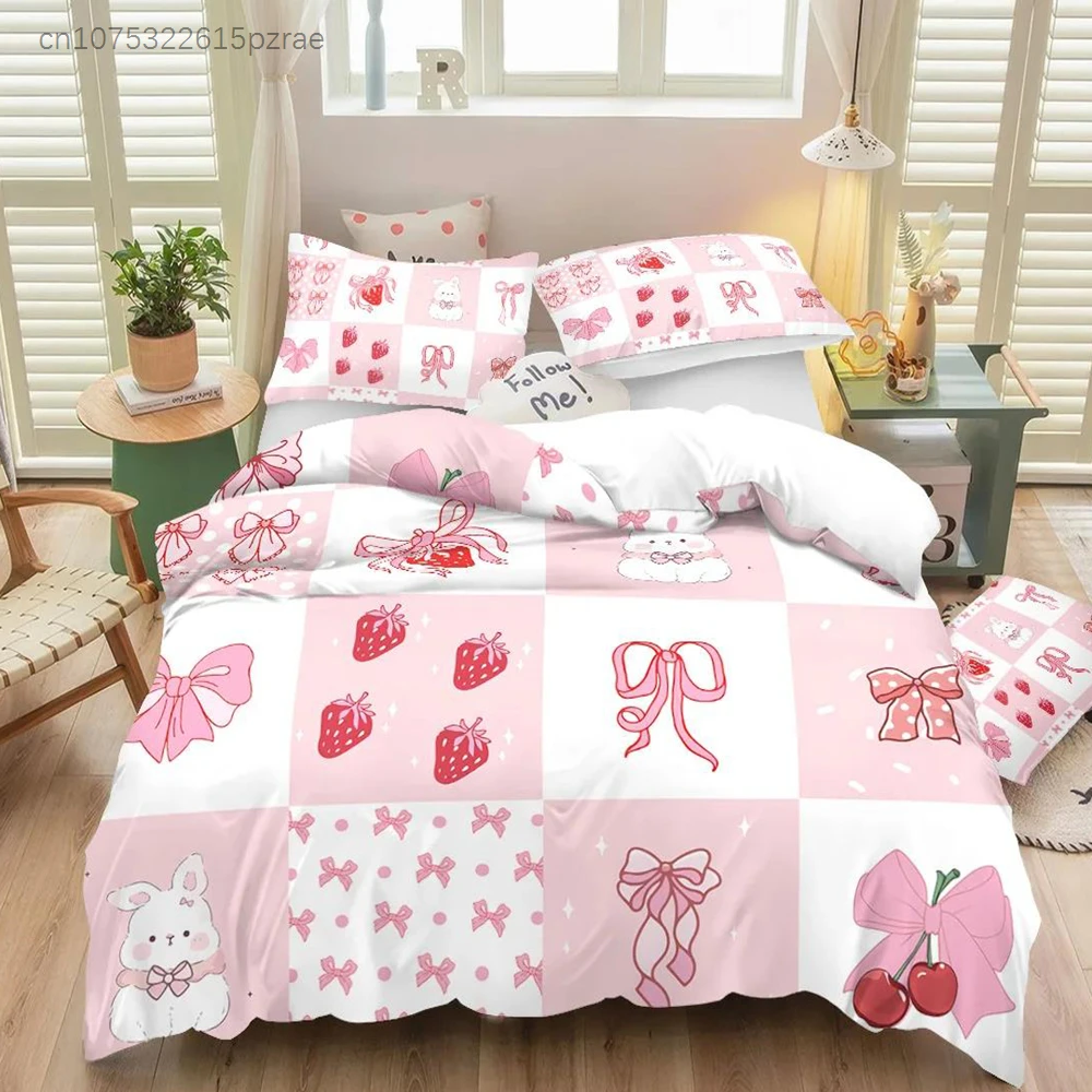 Pink Rabbit Bow Bedding Set Strawberry Print (1 Set +2 pillowcases, No core), bedding, Various Size To Meet Different Needs