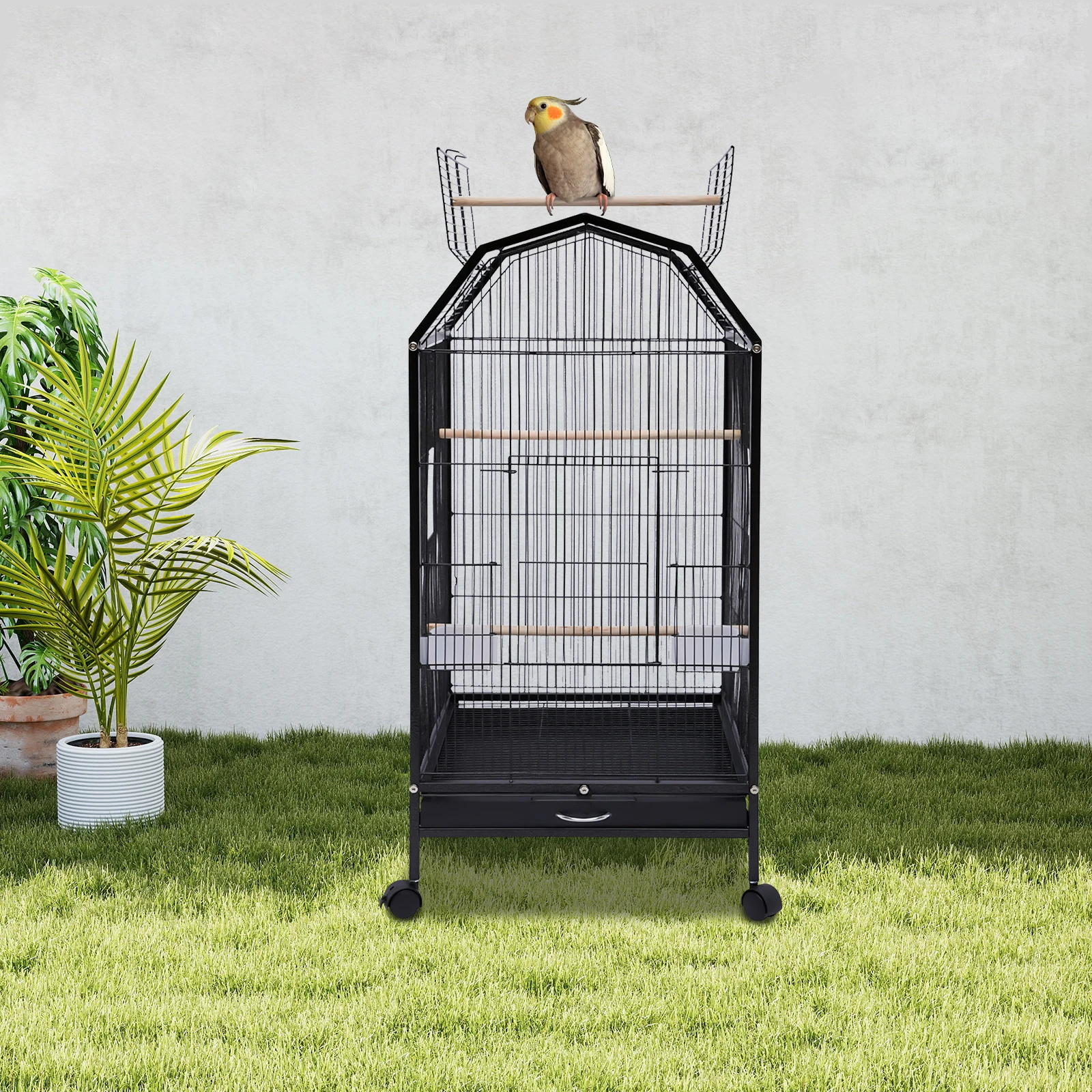 

40inch Bird Cage with Rolling Wheels, Open-Top Parrot Cage Sturdy Iron Pet Bird Flight Cage Large Birdcage (Black) NEW